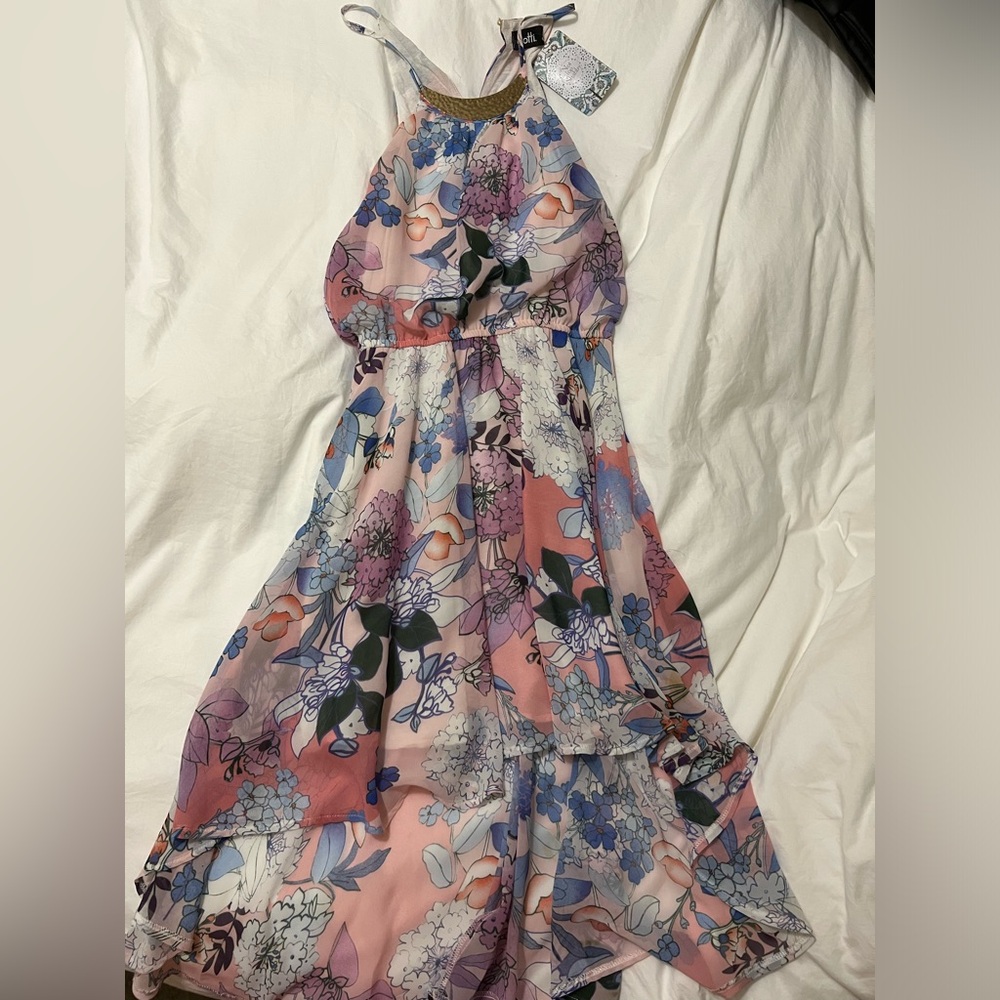 High low pink floral dress with gold necklace detail